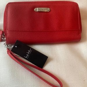 Nicole Miller Red Faux Leather Zip Around Wristlet